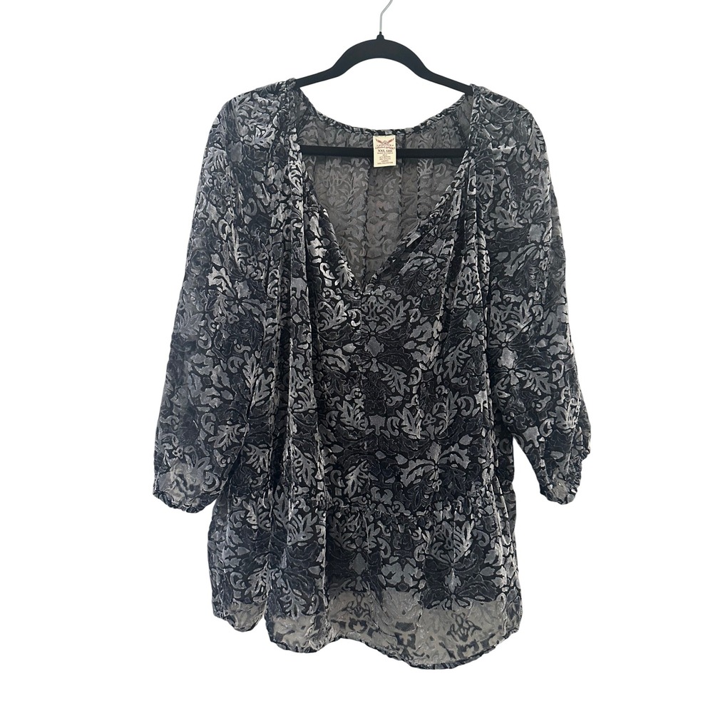 Faded Glory XXL Velvet Burnout Top Soft Silver Damask Peplum Top Whimsigoth